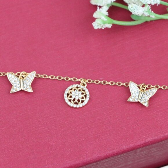 "Dainty Rose Gold Butterfly & Floral Charm Bracelet, XPBL0761 - Picture 11 of 12